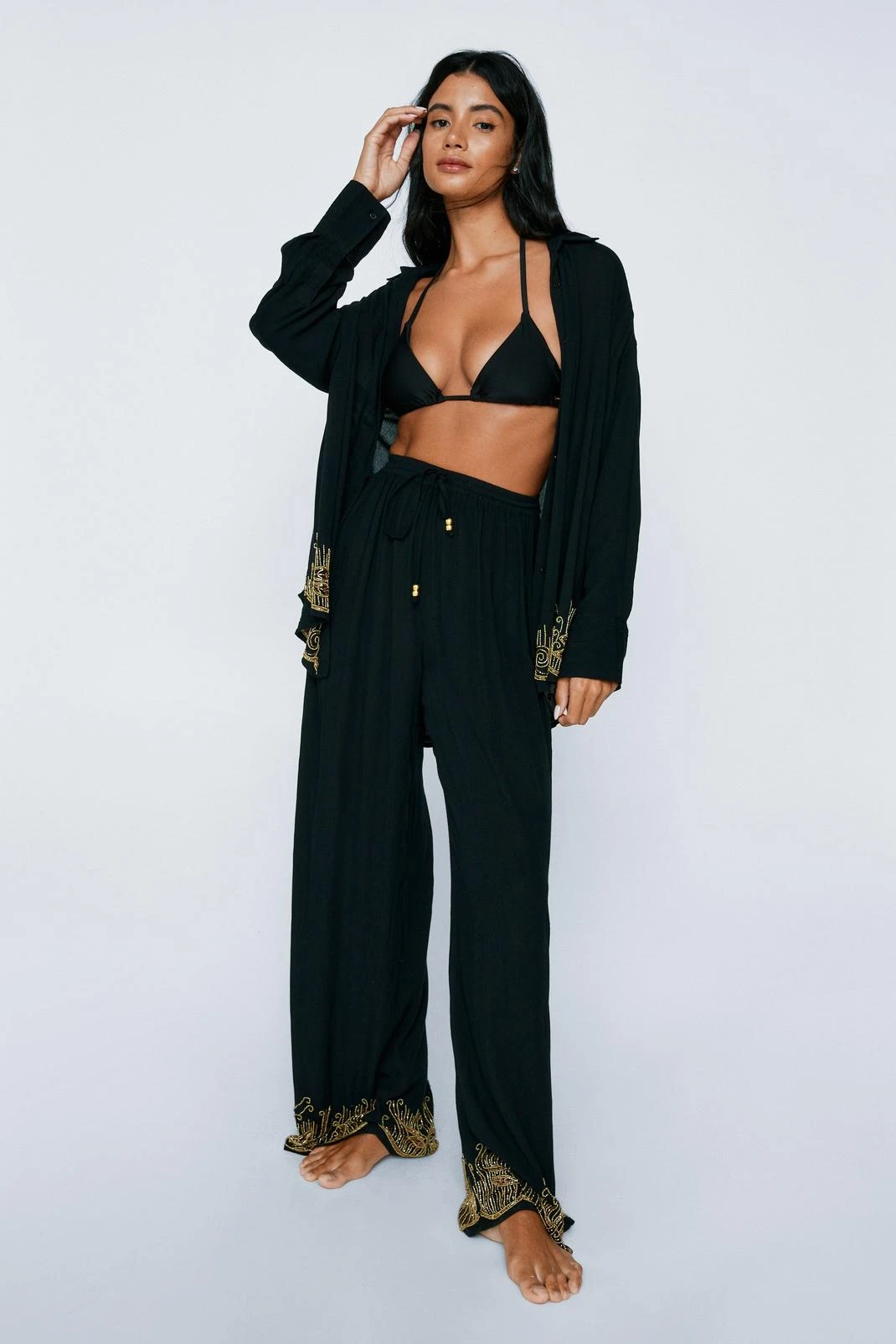 Crinkle Beaded Oversized Cover Up Shirt