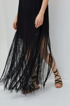 Crinkle Cowl Neck Fringe Maxi Cover Up Dress