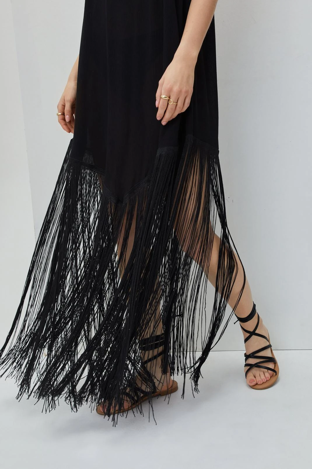 Crinkle Cowl Neck Fringe Maxi Cover Up Dress