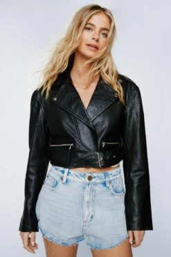Cropped Real Leather Belt Detail Biker Jacket