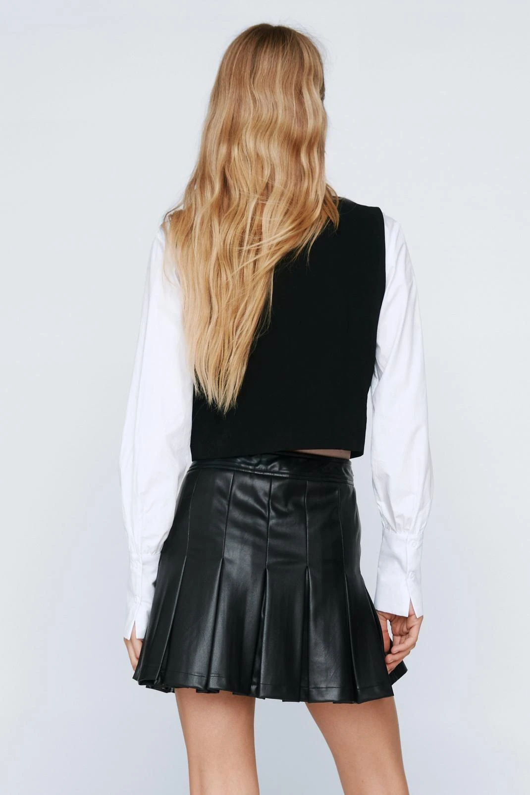 Diamante Trim Faux Leather Pleated Mini Skirt - Image 3