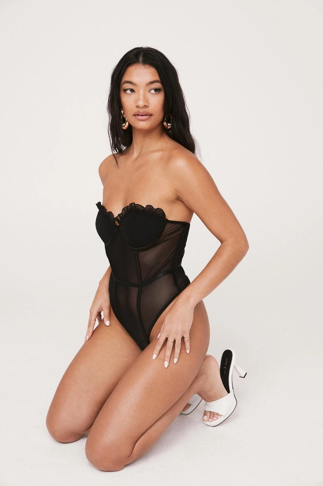 Mesh Ruffle Boned Corset Bandeau Bodysuit - Image 10