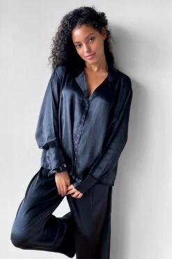Satin 3 Pc Shirt Pants And Scrunchie Pajama Set