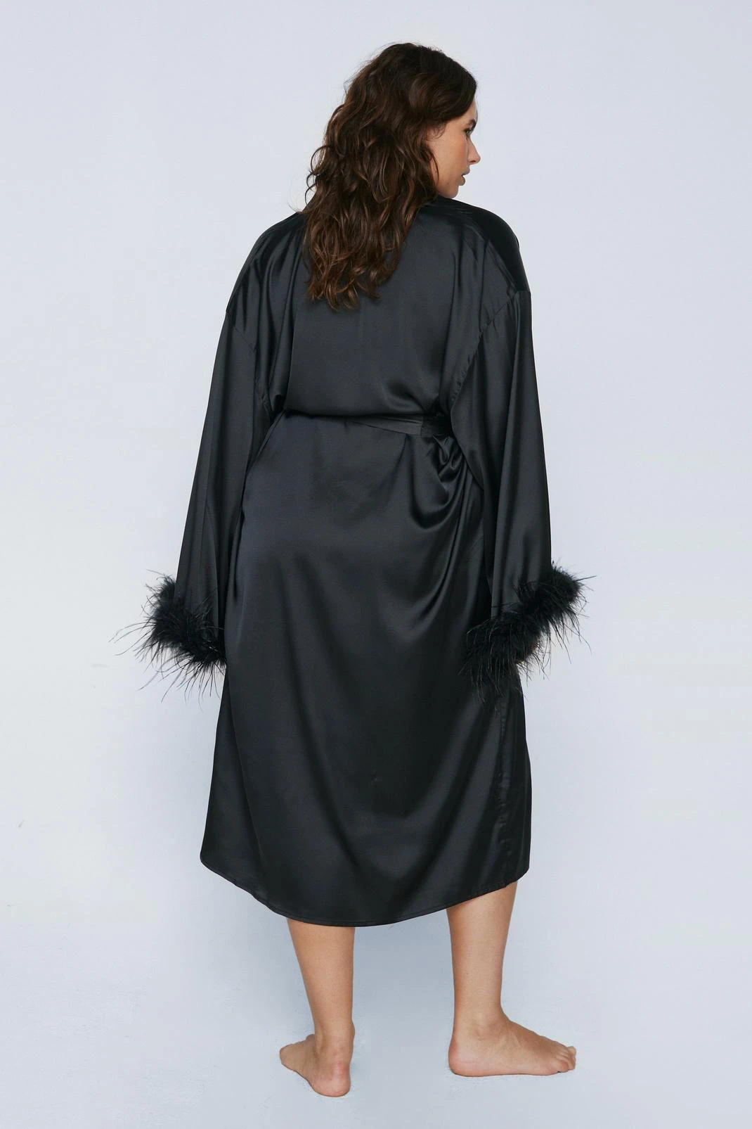 Plus Size Feather Trim Satin Longline Robe - Image 3