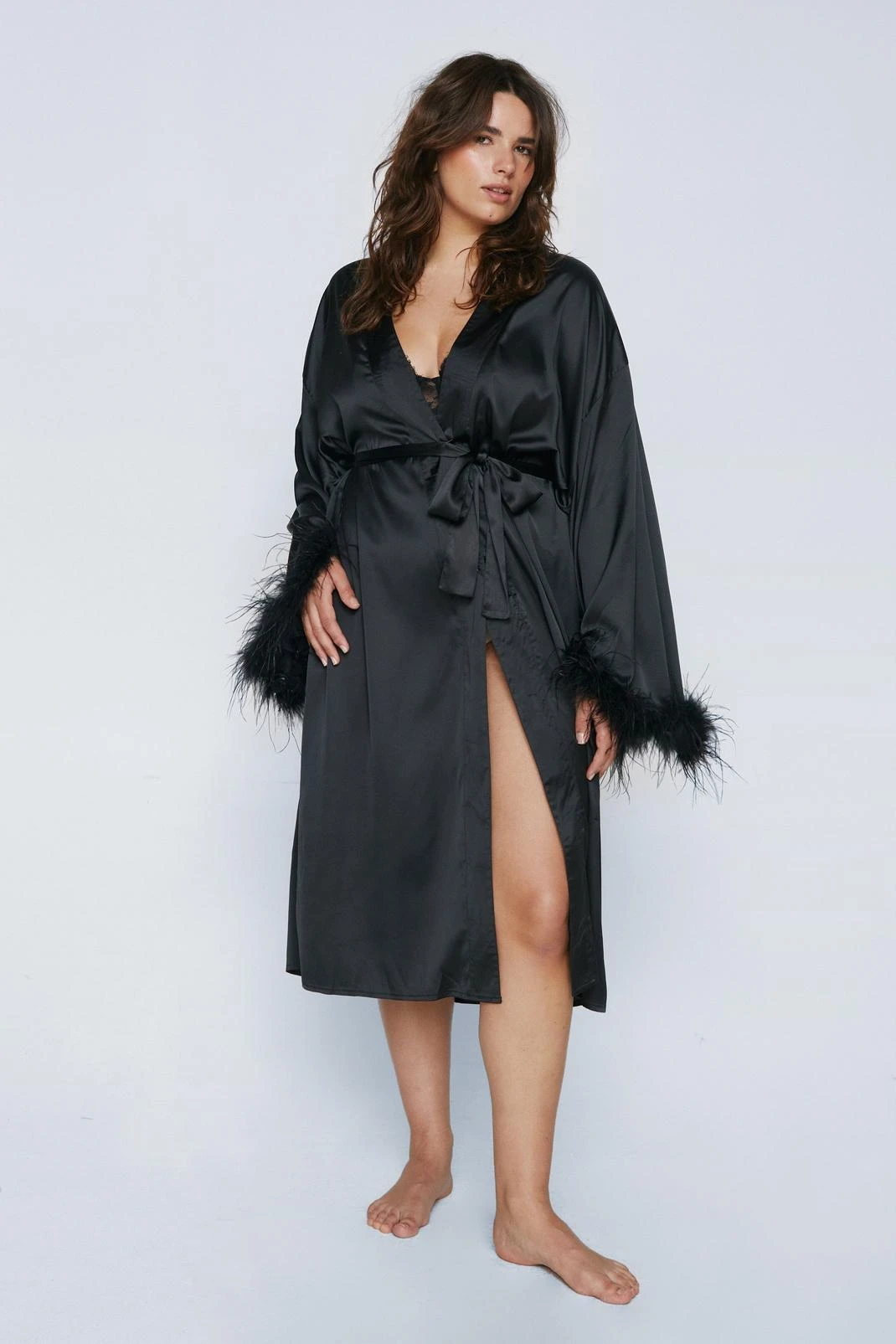 Plus Size Feather Trim Satin Longline Robe - Image 7