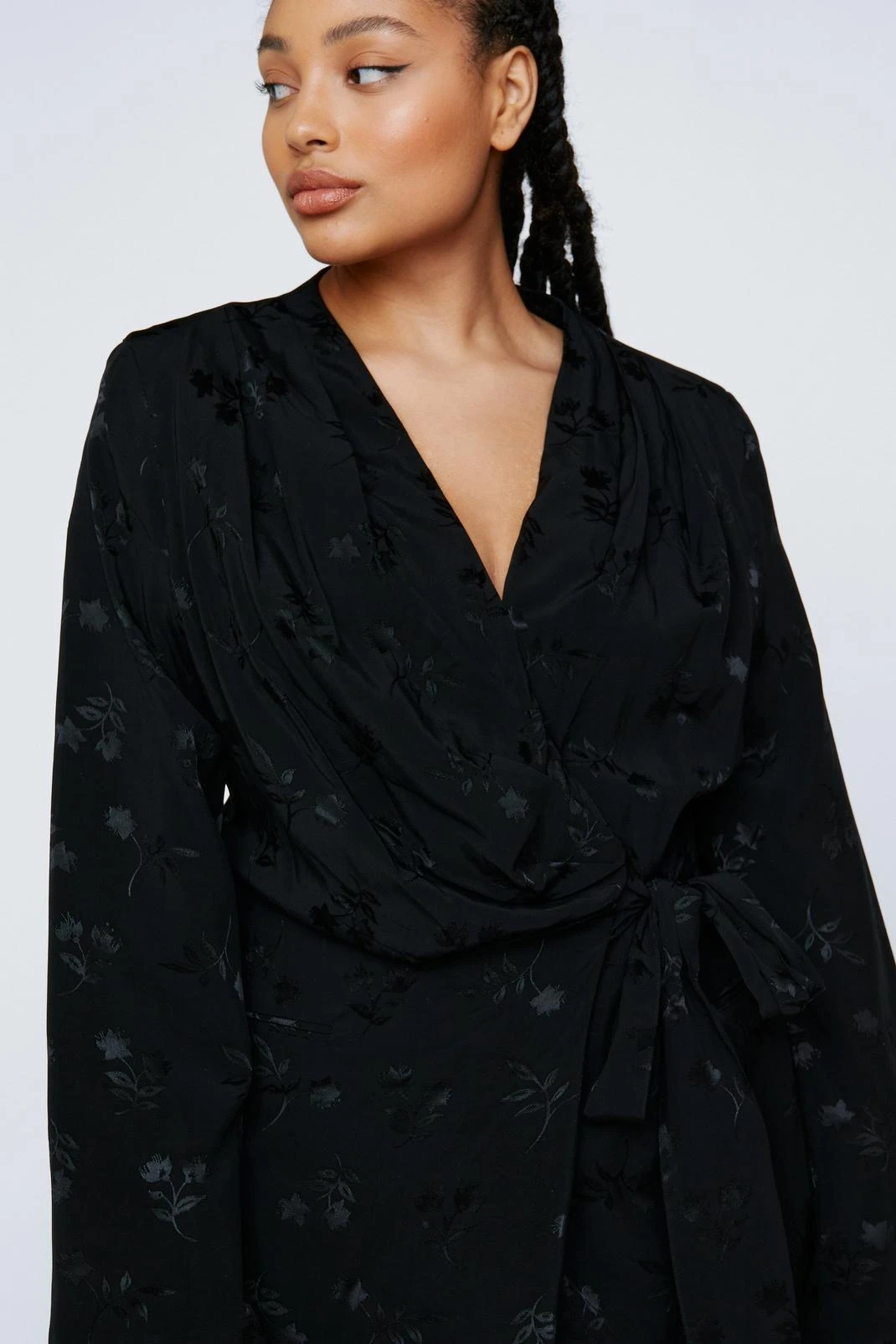 Plus Size Premium Satin Floral Wrap Waist Blazer - Image 2