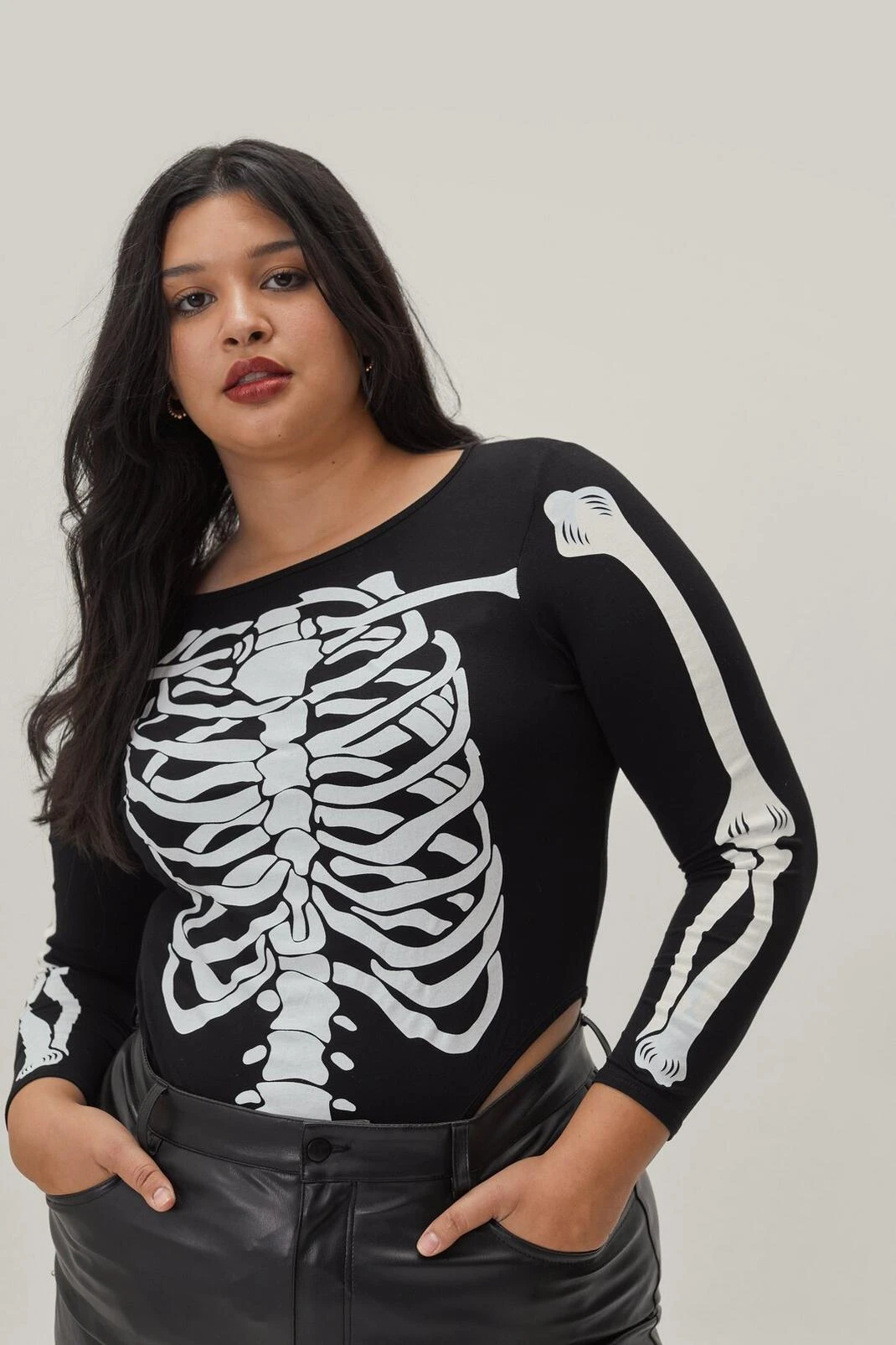 Plus Size Skeleton Printed Long Sleeve Bodysuit - Image 2