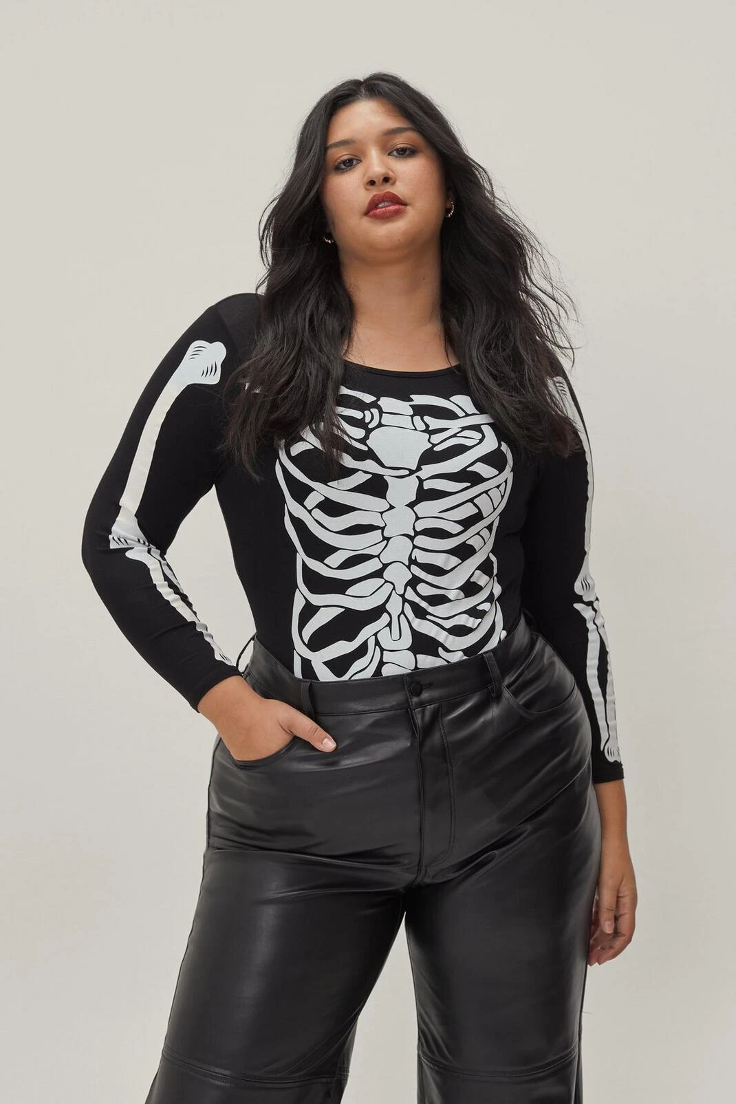 Plus Size Skeleton Printed Long Sleeve Bodysuit - Image 4