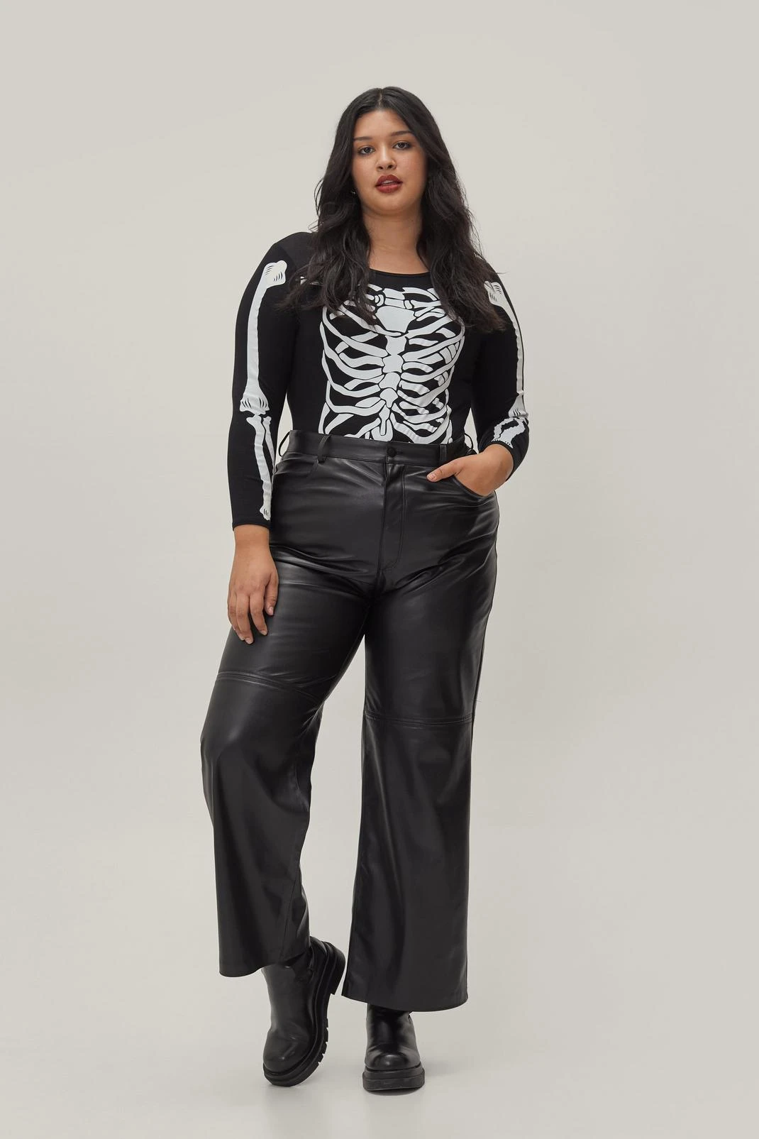 Plus Size Skeleton Printed Long Sleeve Bodysuit