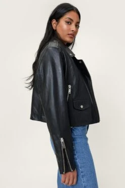 Real Leather Cropped Biker Jacket
