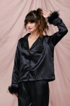 Satin Feather Pajama Shirt And Pants Set