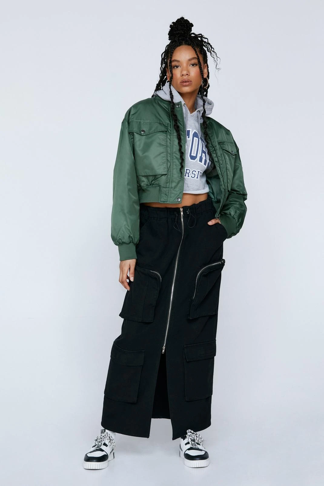 Washed Zip Front Pocket Detail Maxi Cargo Skirt - Image 2