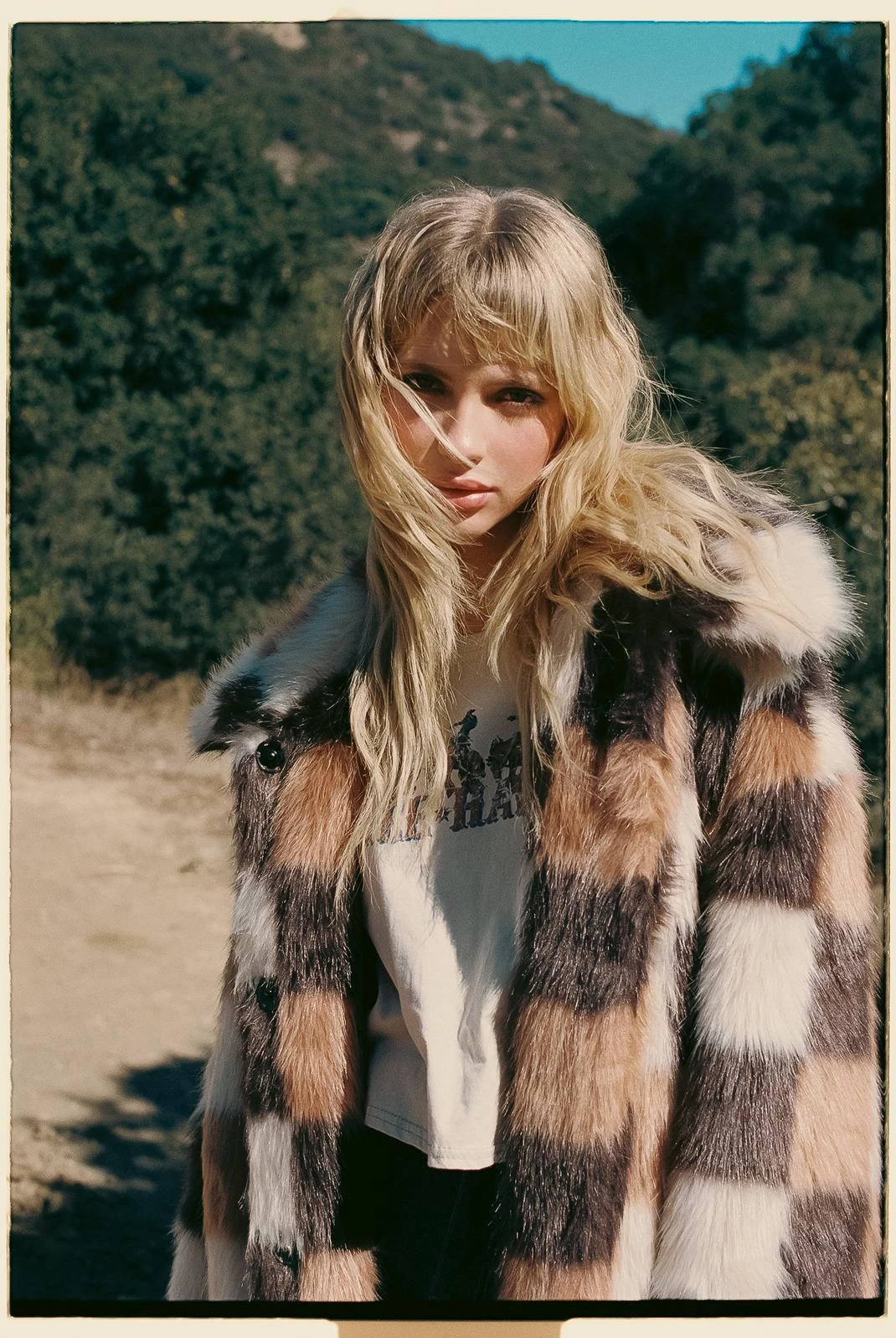 Premium Checkerboard Brown Long Faux Fur Coat - Image 2