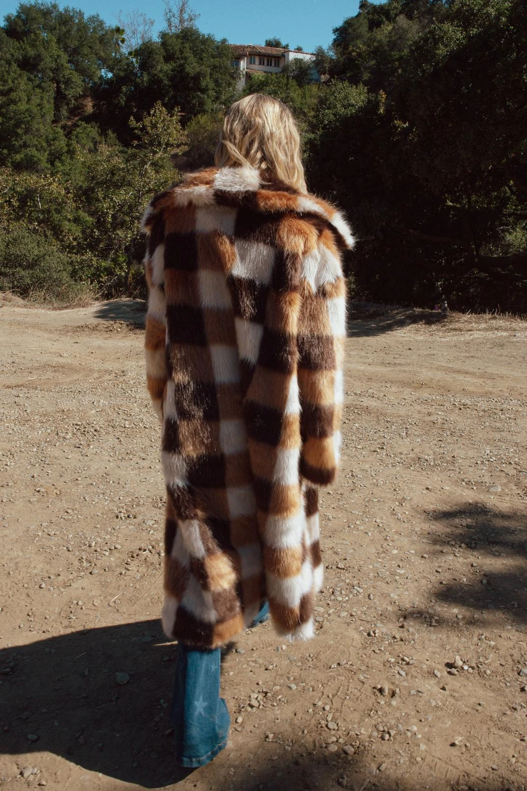 Premium Checkerboard Brown Long Faux Fur Coat - Image 3