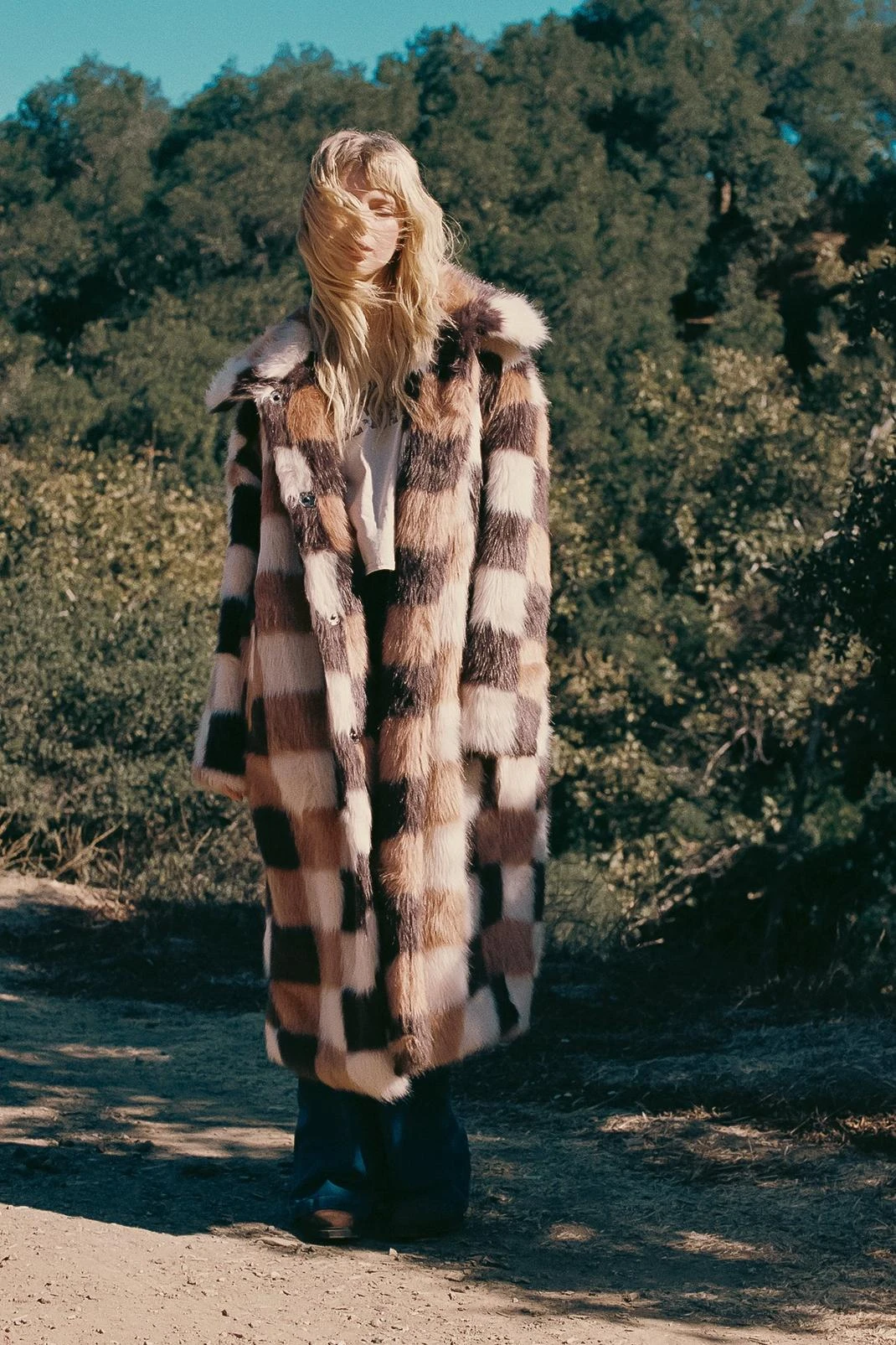 Premium Checkerboard Brown Long Faux Fur Coat - Image 4