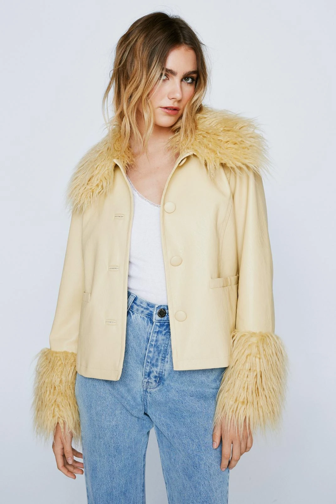 Mongolian Fur Trim Faux Leather Jacket - Image 2