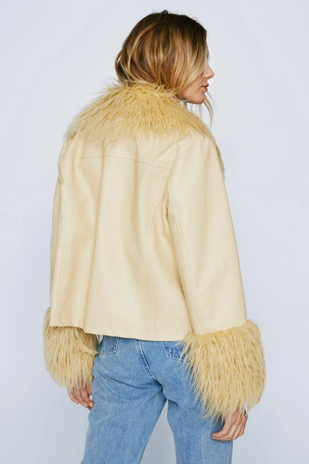 Mongolian Fur Trim Faux Leather Jacket - Image 3