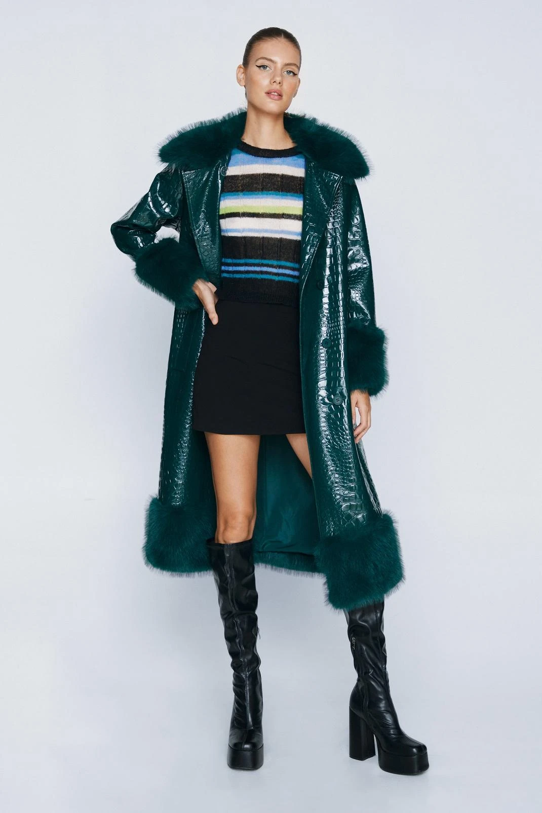 Faux Vinyl Croc Coat With Faux Fur Trim - Image 2