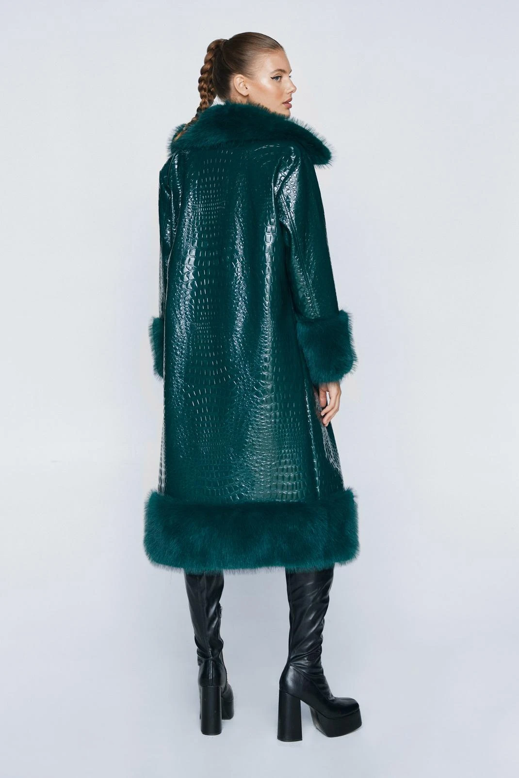 Faux Vinyl Croc Coat With Faux Fur Trim - Image 3