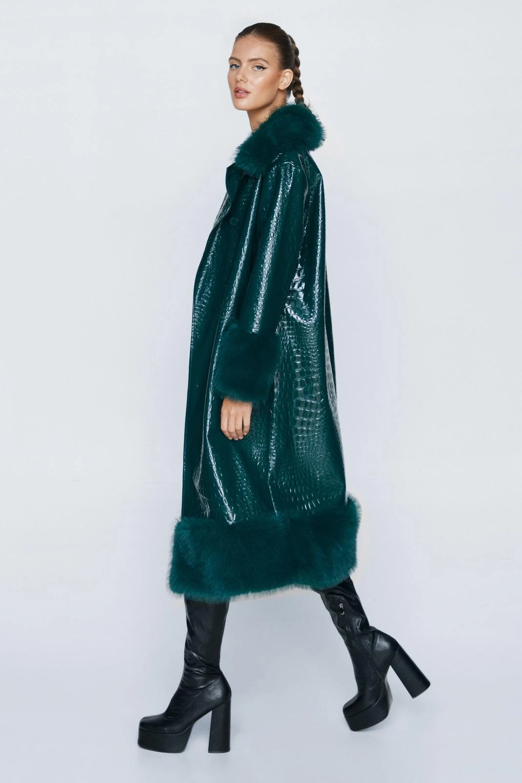 Faux Vinyl Croc Coat With Faux Fur Trim - Image 4