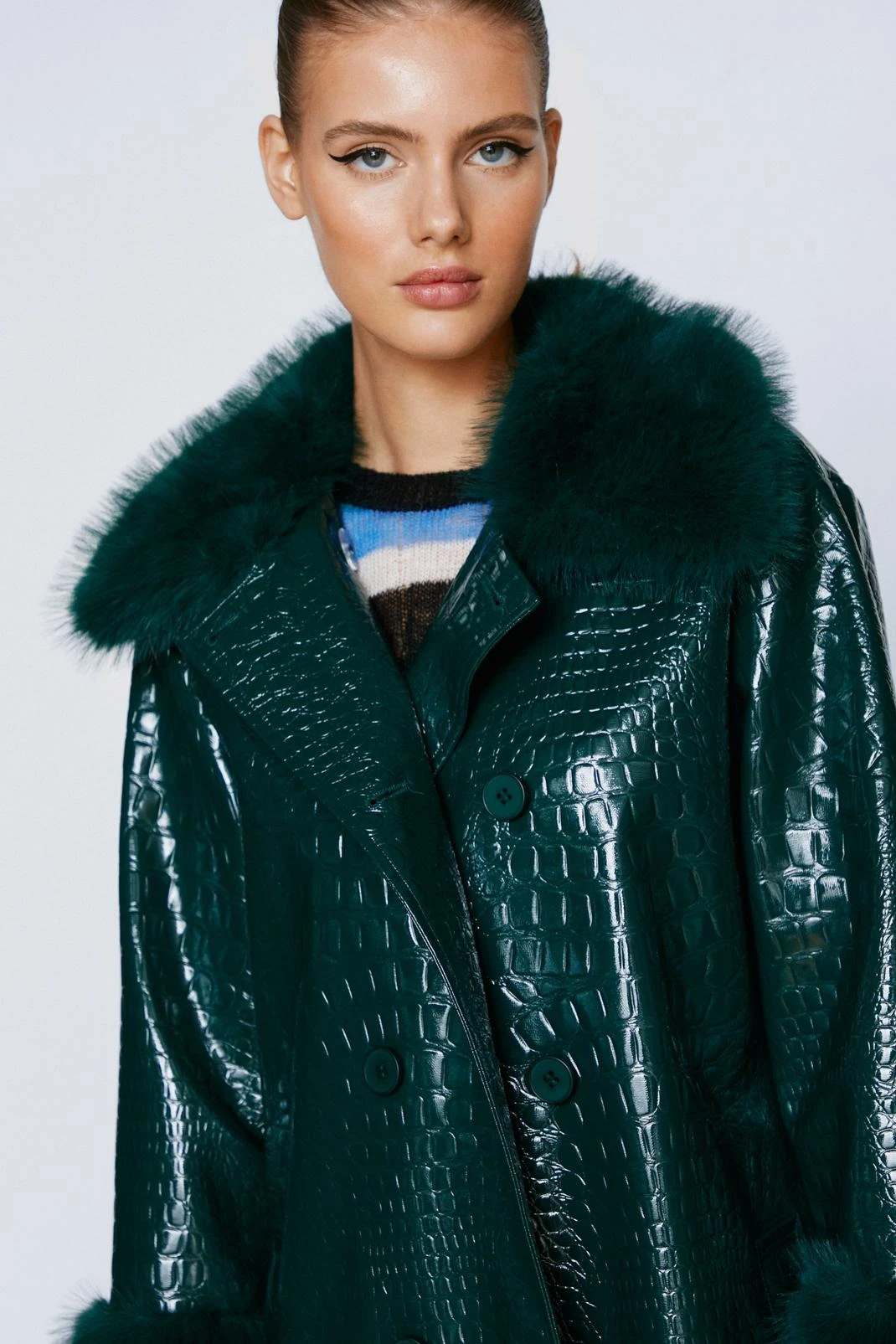 Faux Vinyl Croc Coat With Faux Fur Trim