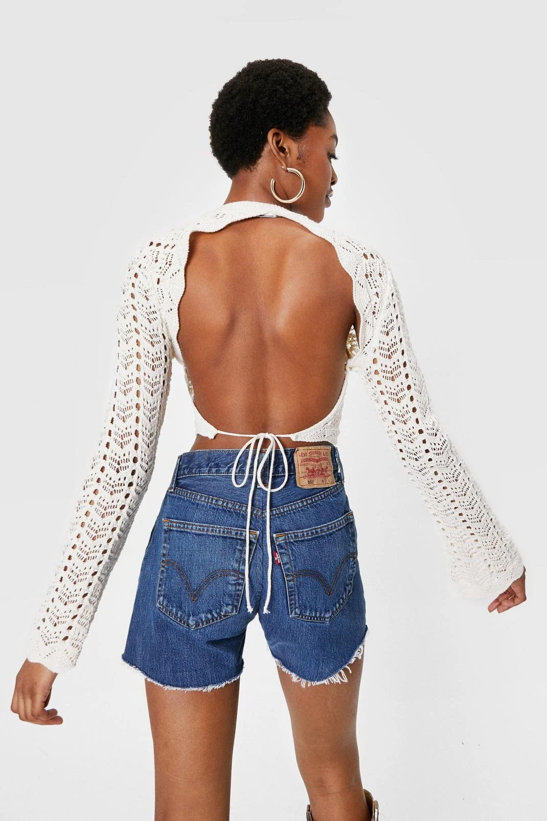 Crochet Knitted Open Back Tie Crop Top - Image 4