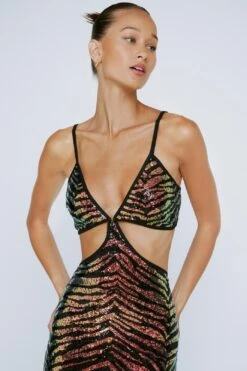 Petite Animal Print Sequin Cut Out Midi Dress