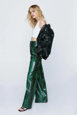 Faux Leather Croc Print Wide Leg Pants