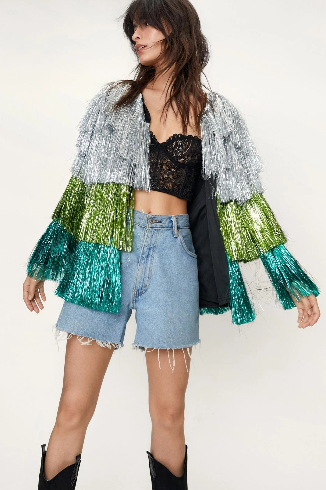 Metallic Open Front Tiered Tinsel Fringe Jacket - Image 10