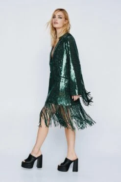 Sequin Tassel Trim Blazer Dress