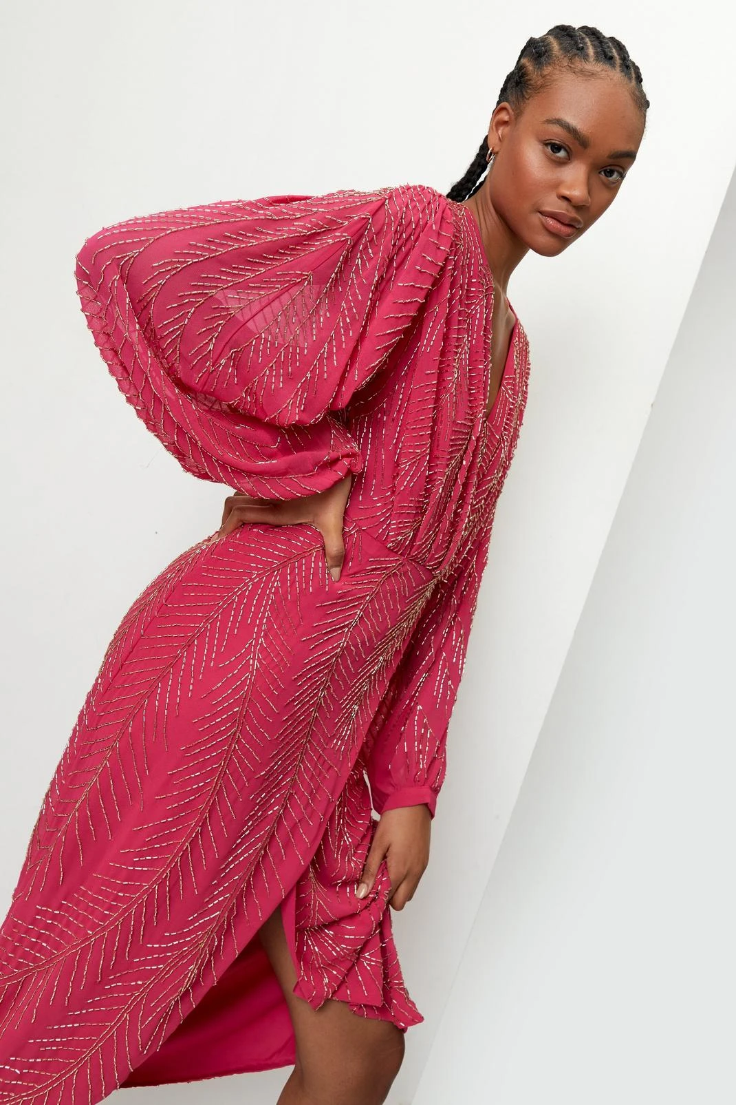 Beaded Wrap Front Plunging Midi Dress - Image 5