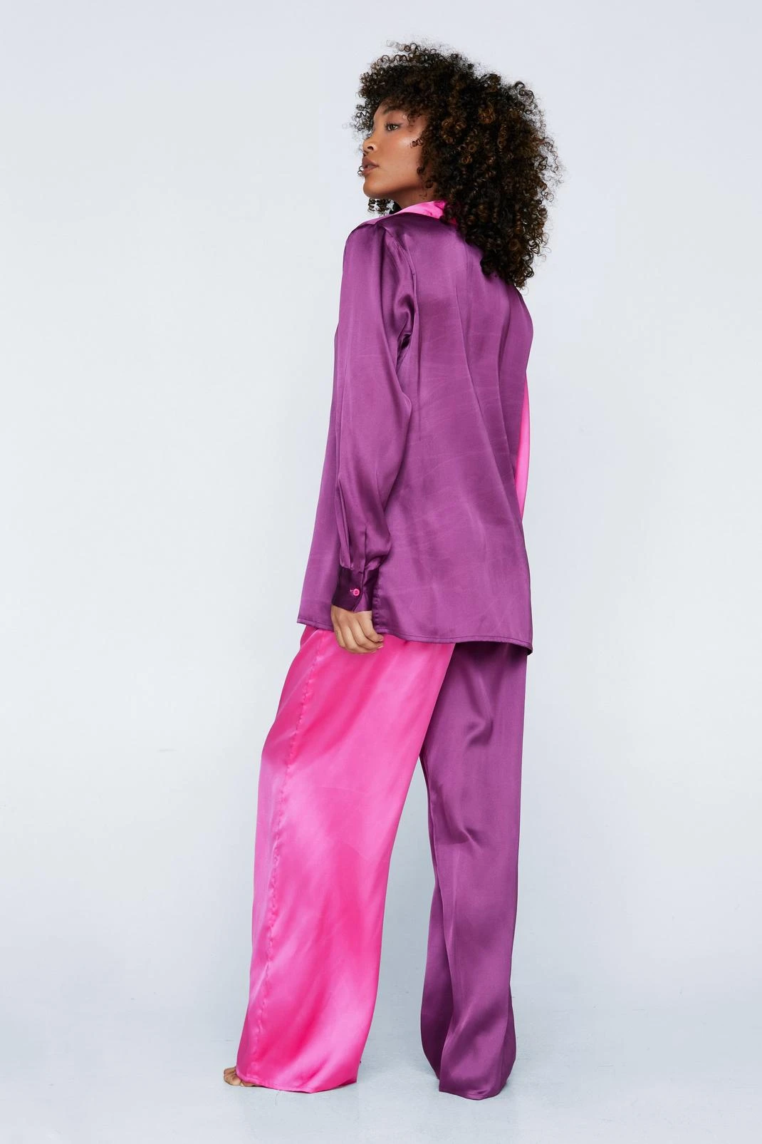 Satin Colorblock Pajama Shirt And Pants Set - Image 2