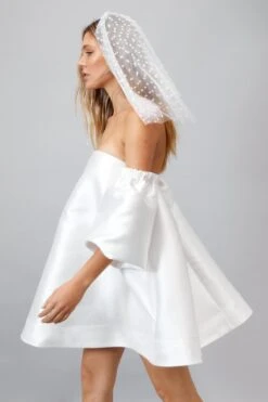 Structured Bardot Puff Sleeve Mini Prom Dress