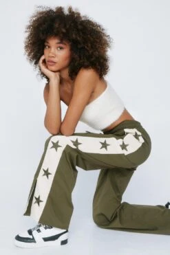 Embroidered Star Tape Detail Twill Pants
