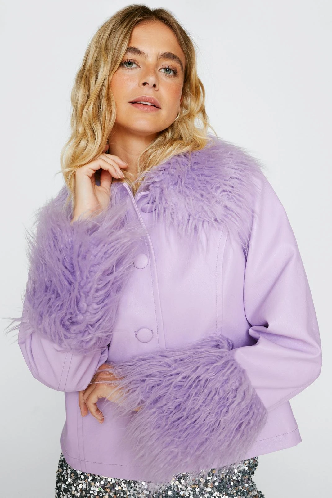 Mongolian Fur Trim Faux Leather Jacket - Image 5