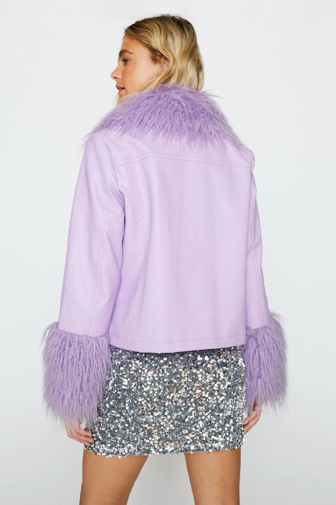 Mongolian Fur Trim Faux Leather Jacket - Image 6