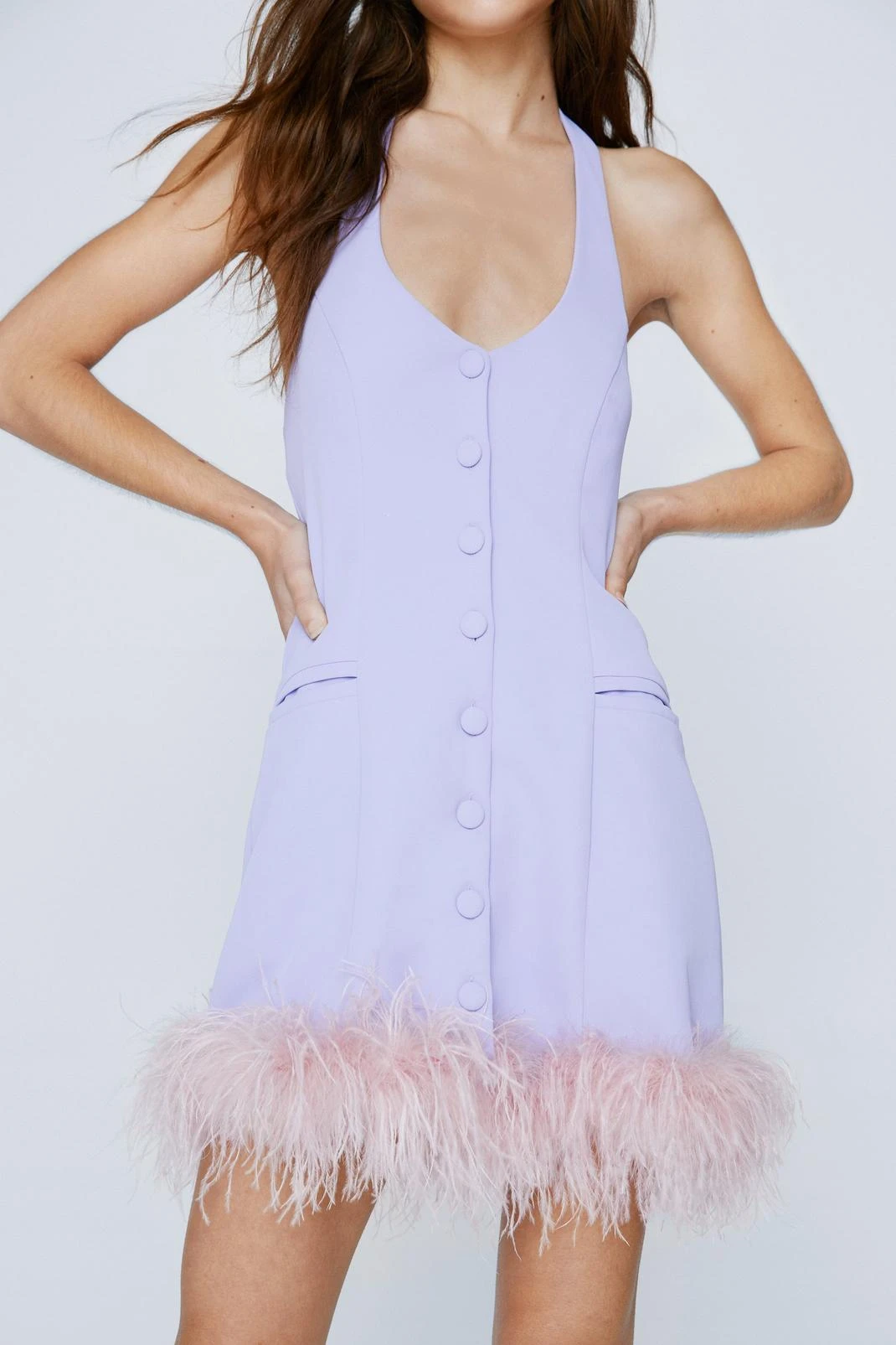 Tailored Fur Trim Halter Neck Dress - Image 2