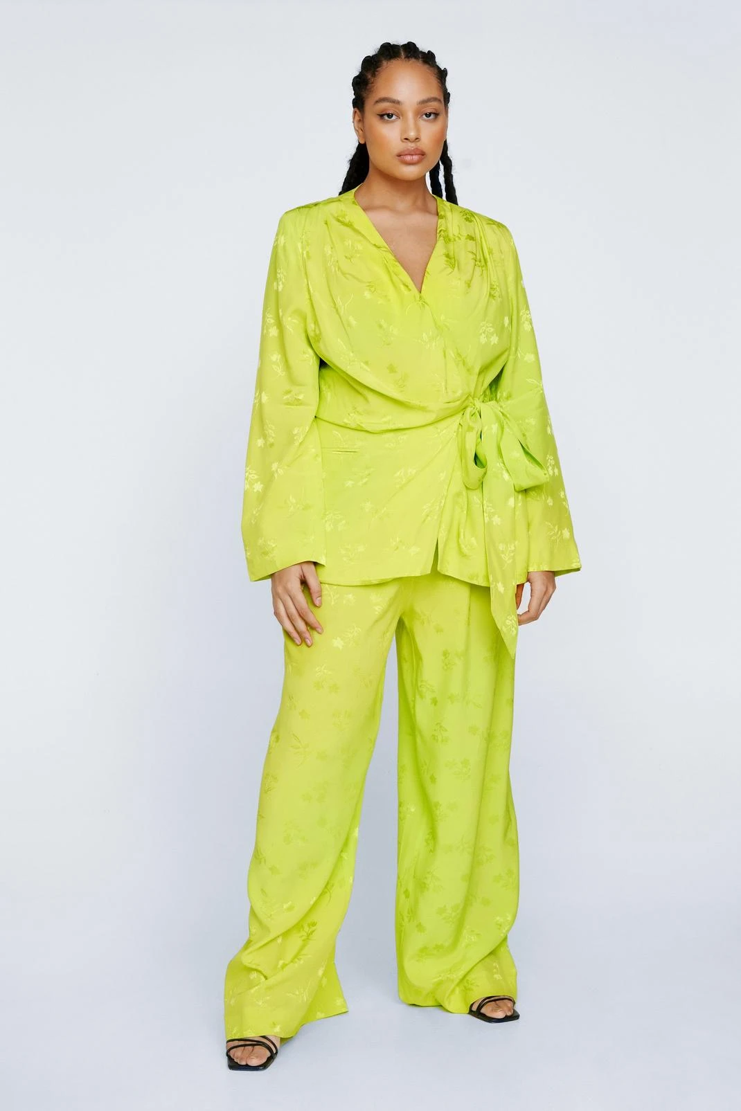 Plus Size Premium Satin Floral Wrap Waist Blazer - Image 4