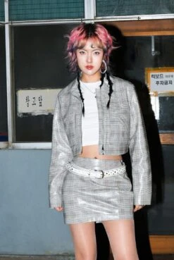 City Scouts Vinyl Check Crop Zip Through Collared Jacket