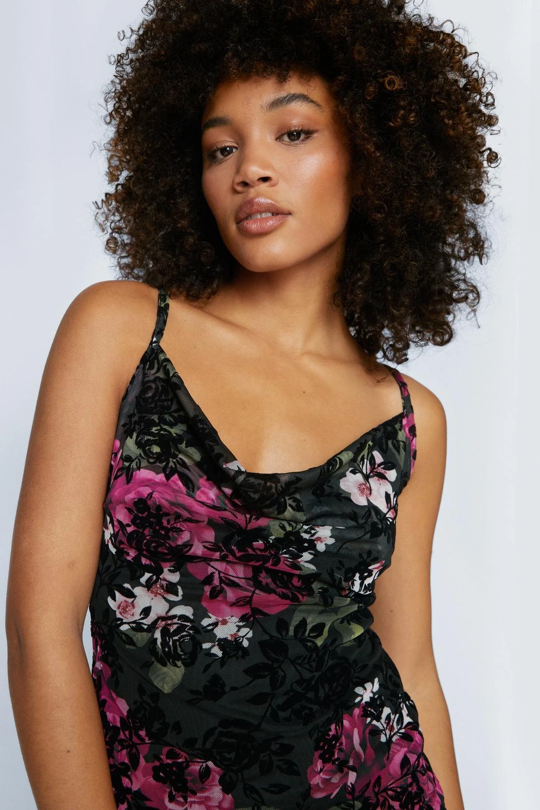 Flocked Mesh Cowl Neck Dress