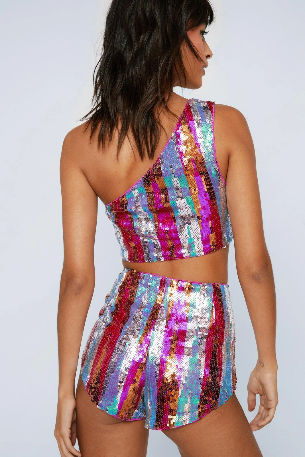 Stripe Sequin One Shoulder Crop Top - Image 3