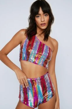 Stripe Sequin One Shoulder Crop Top