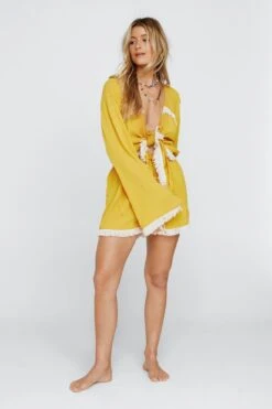 Crinkle Fringe Tie Front Cover Up Top