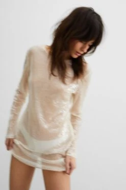 Sheer Sequin Detail Mini Shift Dress