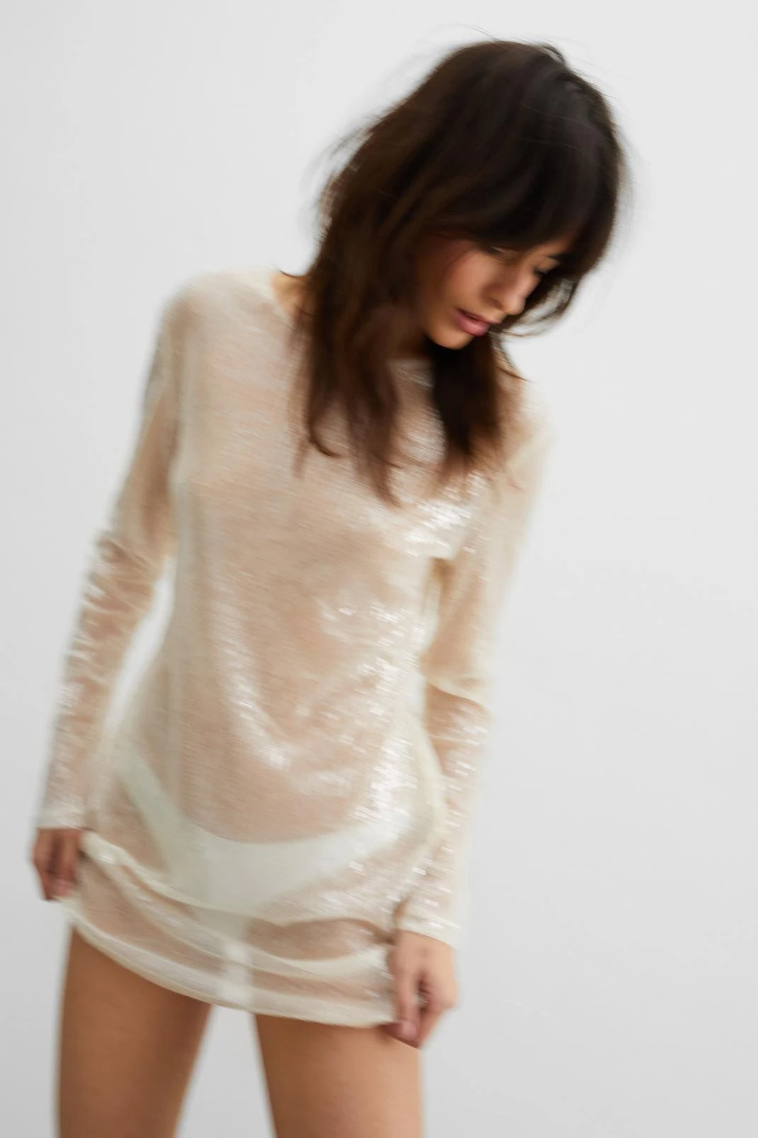 Sheer Sequin Detail Mini Shift Dress