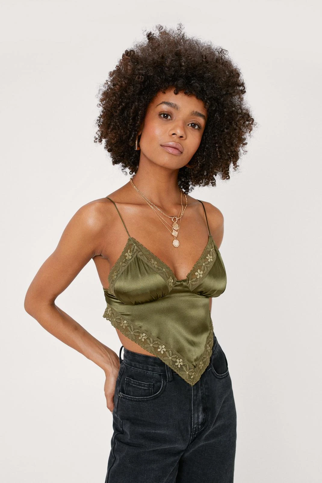 Satin Lace Trim Handkerchief Crop Top - Image 7