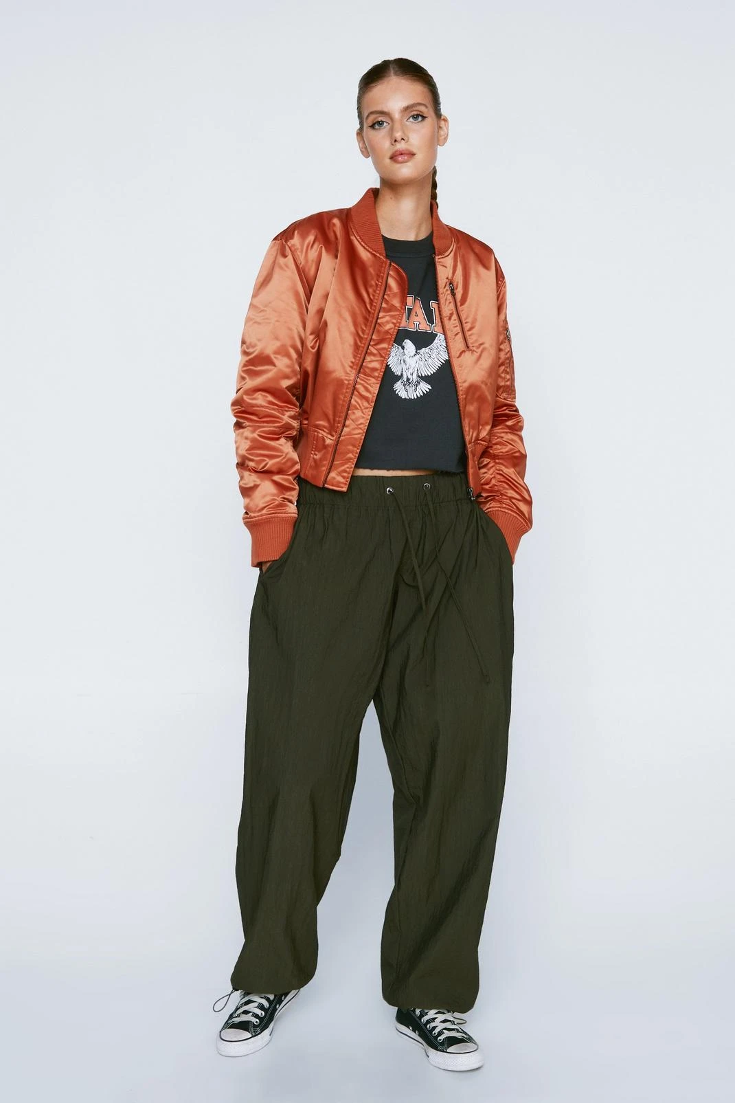 Ruched Sleeve Cropped Bomber Jacket - Image 2