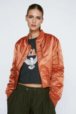 Ruched Sleeve Cropped Bomber Jacket