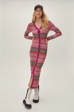 Contrast Stripe Button Knitted Maxi Dress