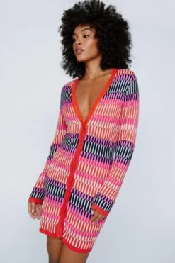 Contrast Stripe Button Up Knitted Mini Dress